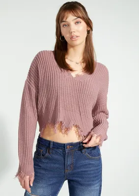 Medium Pink Destructed Hem Crop Sweater