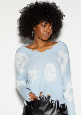 Smiley Daisy Graphic Destructed Skimmer Sweater