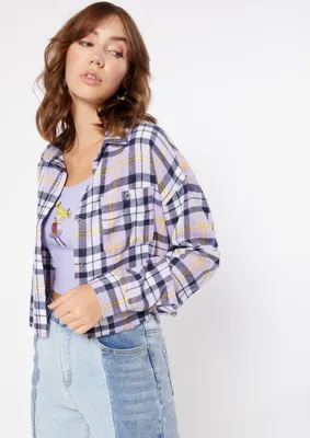 Purple Plaid Cropped Frayed Flannel