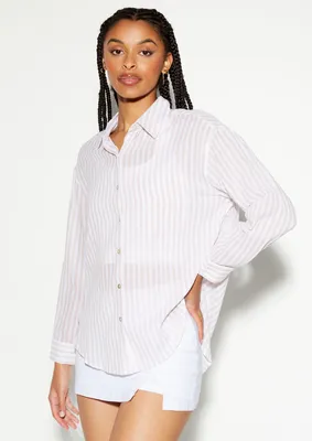 Taupe Striped Linen Button Down Top