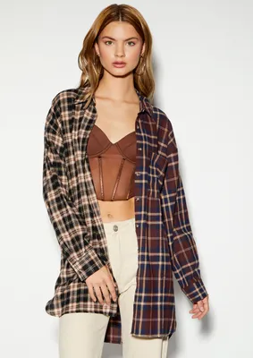 Brown Two Tone Plaid Button Down Tunic Top