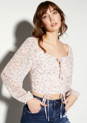 Floral Print Double Ruched Chiffon Top