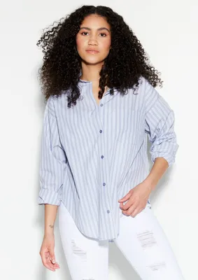 Oversized Blue Striped Button Down Top