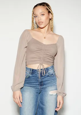 Stone Mesh Ruched Front Top