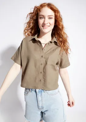 Olive Button Down Crop Top