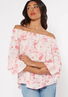 Pink Floral Print Off The Shoulder Ruffled Blouse