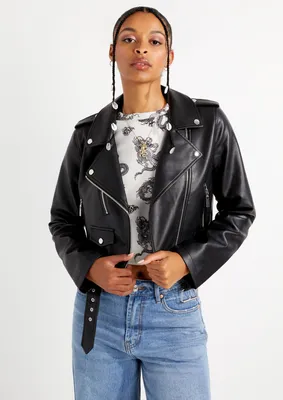 Black Belted Faux Leather Motorcycle Jacket