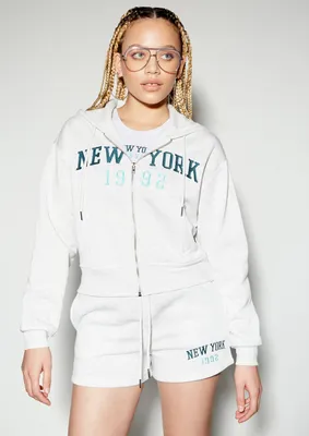 New York Embroidered Zip Up Crop Hoodie