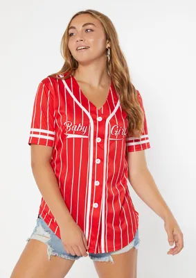Red Pinstripe Baby Girl Embroidered Baseball Jersey