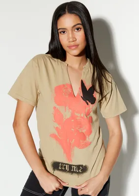 Try Me Rose Graphic Notch Neck Tee