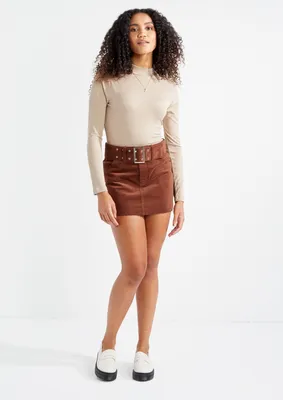 Brown Belted Corduroy Mini Skirt