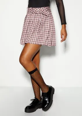 Plaid Belted Pleated Skirt