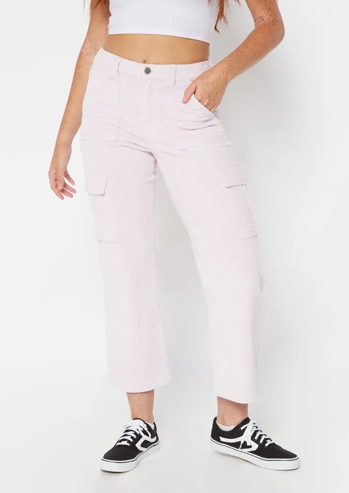 Women's White Wide Leg Pants High Rise Corduroy