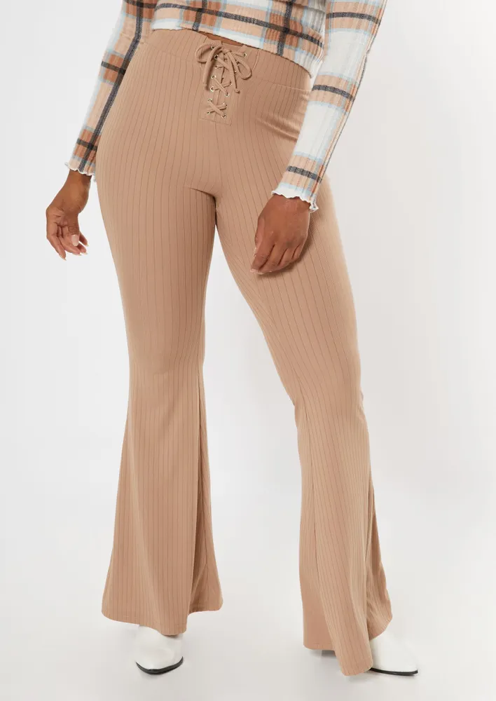 Rue21 Tan Lace Up Front Super Soft Ribbed Flare Pants
