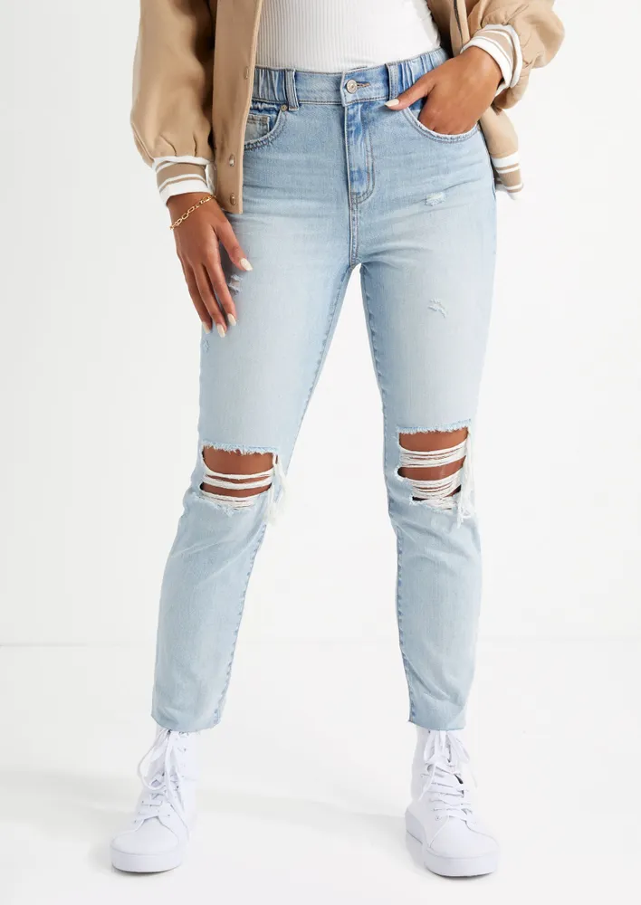 Rue21 Medium Wash Low Rise Ripped Flare Jeans