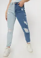 Light Two Tone Ripped Ankle Mom Jeans