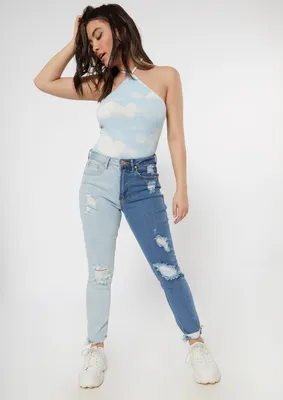 Light Two Tone Ripped Ankle Mom Jeans