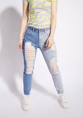 Medium Wash High Rise Two Tone Ripped Mom Jeans