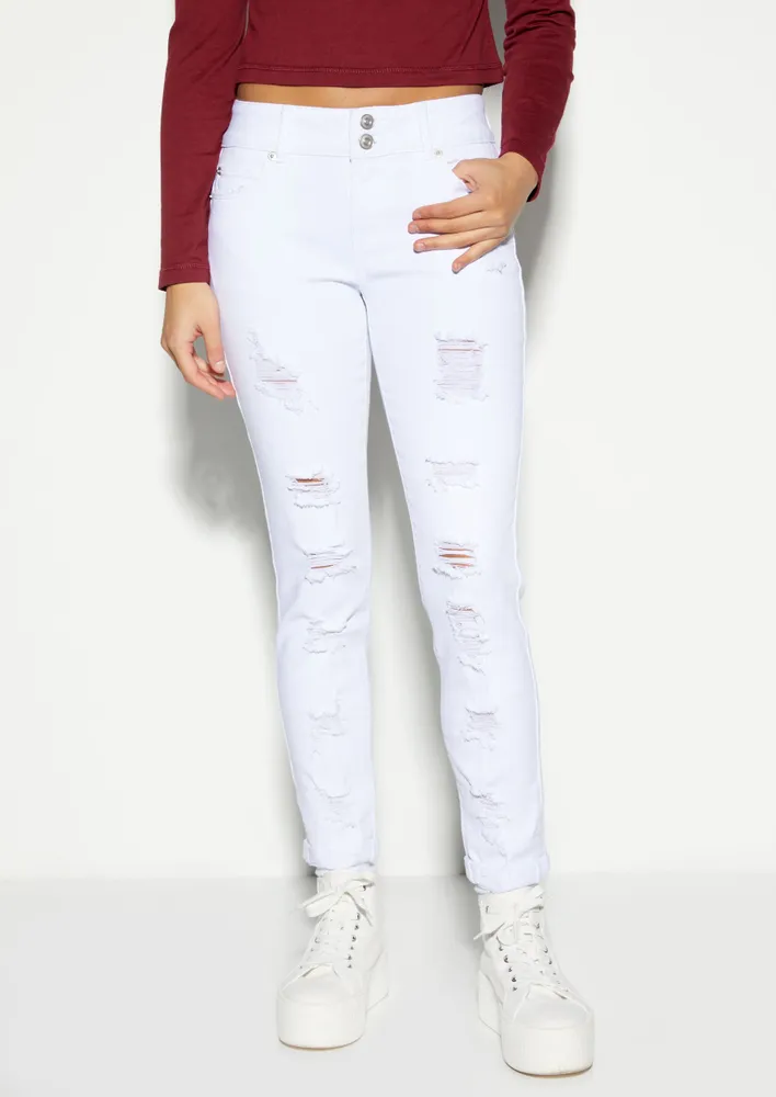 Rue21 White Mid Rise Double Button Ripped Jeggings