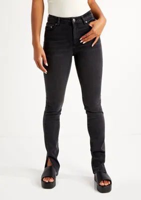 Black High Rise Slit Front Skinny Jeans