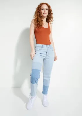 Light Wash High Rise Two Tone Mom Jeans