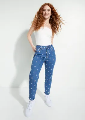 Medium Wash Daisy Embroidered Mom Jeans