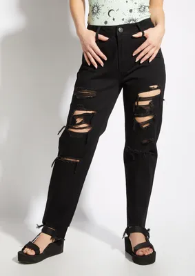Black High Rise Ripped Mom Jeans
