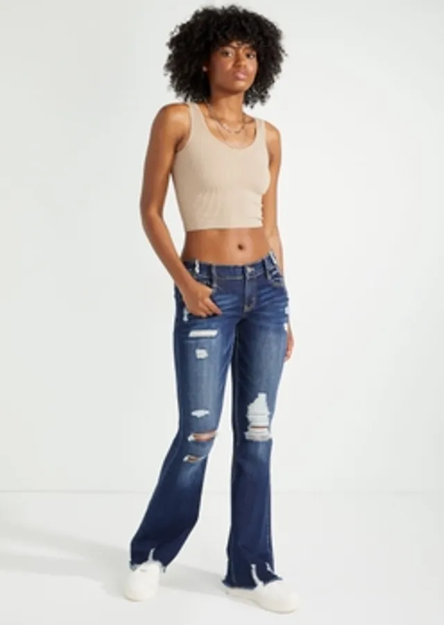 Rue21 Medium Wash Low Rise Ripped Flare Jeans