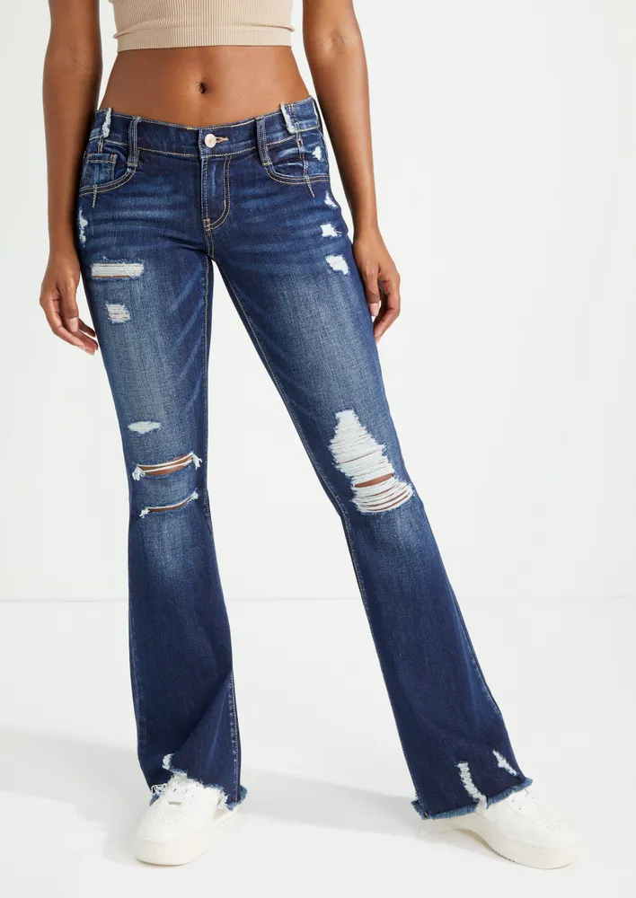 Rue21 Dark Wash Low Rise Ripped Flare Jeans