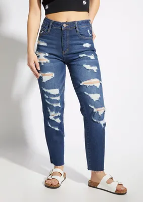 Dark Wash High Rise Ripped Mom Jeans