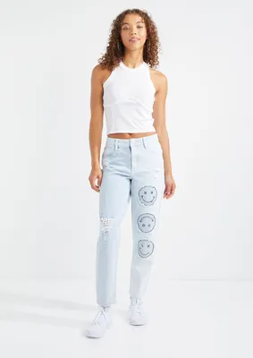 Light Wash High Rise Smiley Embroidered Dad Jeans