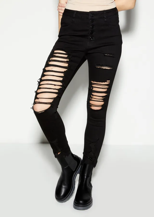 Rue21 Black High Rise Exposed Button Ripped Jeggings