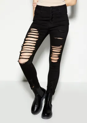 Black High Rise Exposed Button Ripped Jeggings
