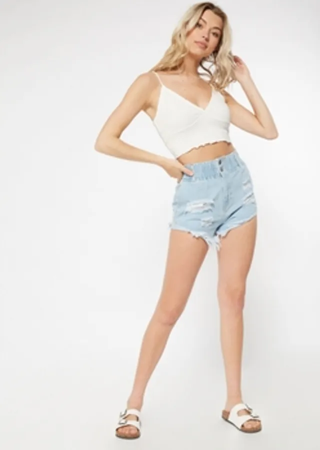  Jean Shorts Womens Paperbag Waist Ripped Roll Up Hem Denim  Shorts (Color : Light Wash, Size : 30) : Clothing, Shoes & Jewelry