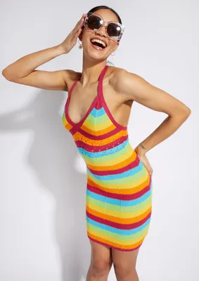 Rainbow Crochet Halter Dress