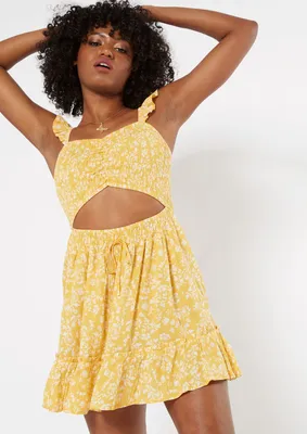 Yellow Ditsy Smocked Cutout Dress