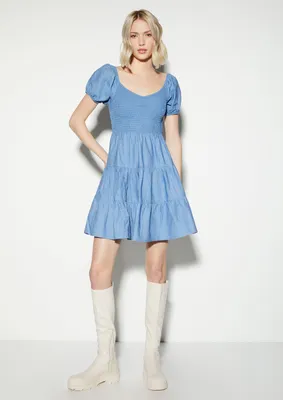 Blue Smocked Puff Sleeve Babydoll Dress