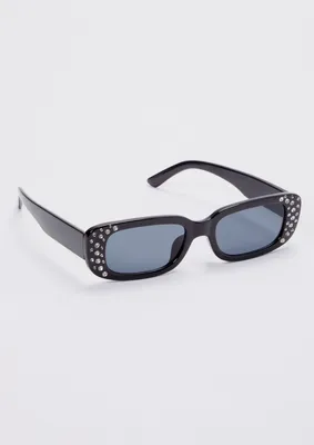 Black Rhinestone Rectangular Y2K Sunglasses