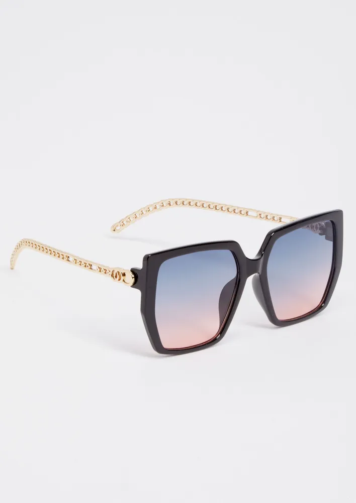 Square Sunglasses with Gold Chain Arms