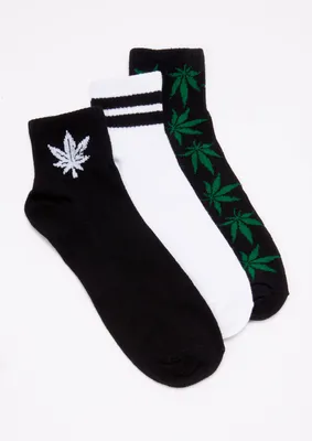 3-Pack Weed Leaf Striped Ankle Crew Socks