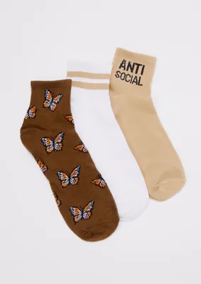 3-Pack Antisocial Butterfly Ankle Crew Socks
