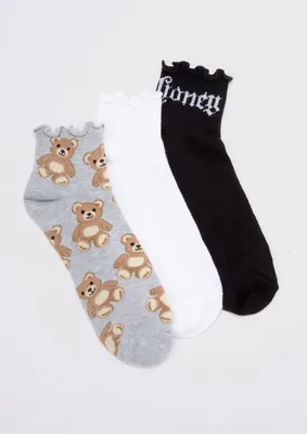3-Pack Teddy Bear Ruffled Ankle Crew Socks