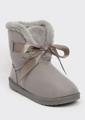 Gray Bow Front Mid Cozy Boots