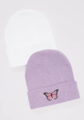 2-Pack Lavender Butterfly Beanie Set