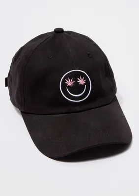Black Weed Leaf Smiley Face Embroidered Dad Hat