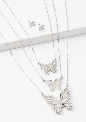 4-Pack Pave Butterfly Necklace And Earring Set