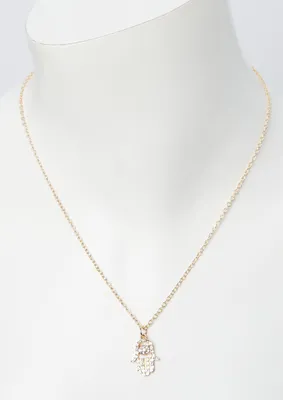 Gold Hamsa Rhinestone Charm Necklace