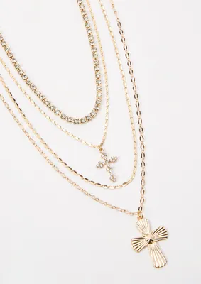 Gold Rhinestone Cross Layered Necklace