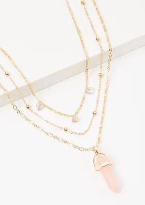 Gold Triple Layered Crystal Pendant Necklace