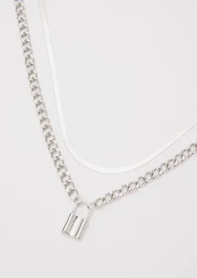 Silver Padlock Chunky Layered Necklace